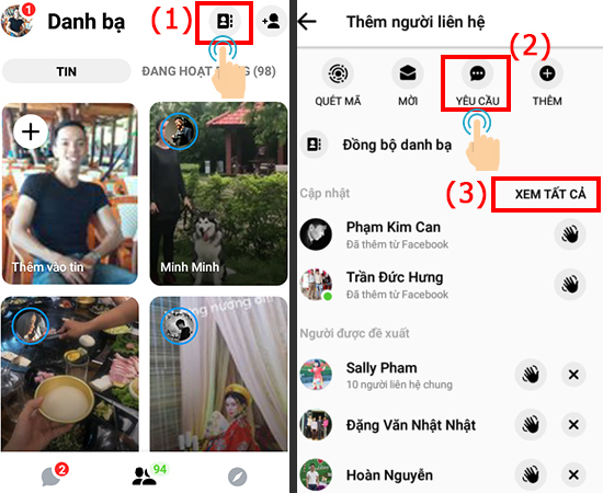 Bạn chọn mục" Thêm liên hệ"-> Sau đó chọn " Yêu cầu"-> Chọn " Xem tất cả", tất cả tin nhắn đang chờ sẽ được hiển thị.